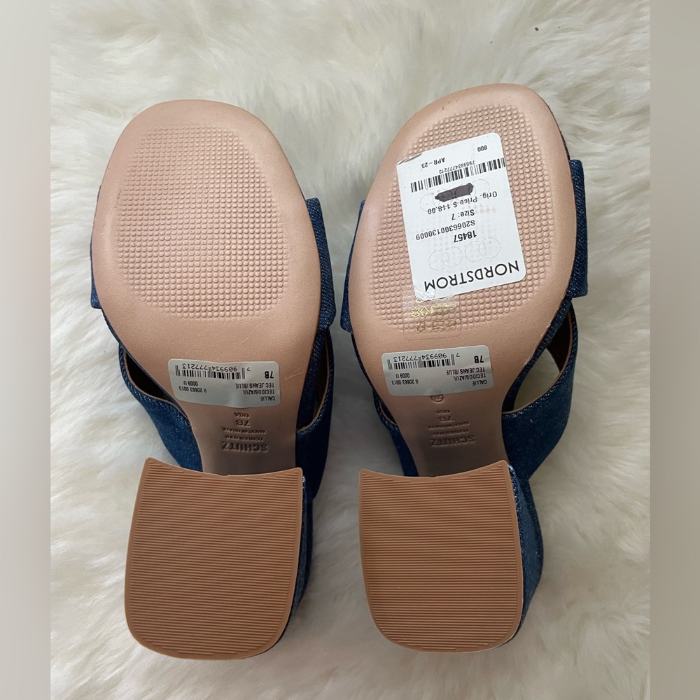 New! SCHUTZ Blue Denim Block Heel Mules - Picture 5 of 6
